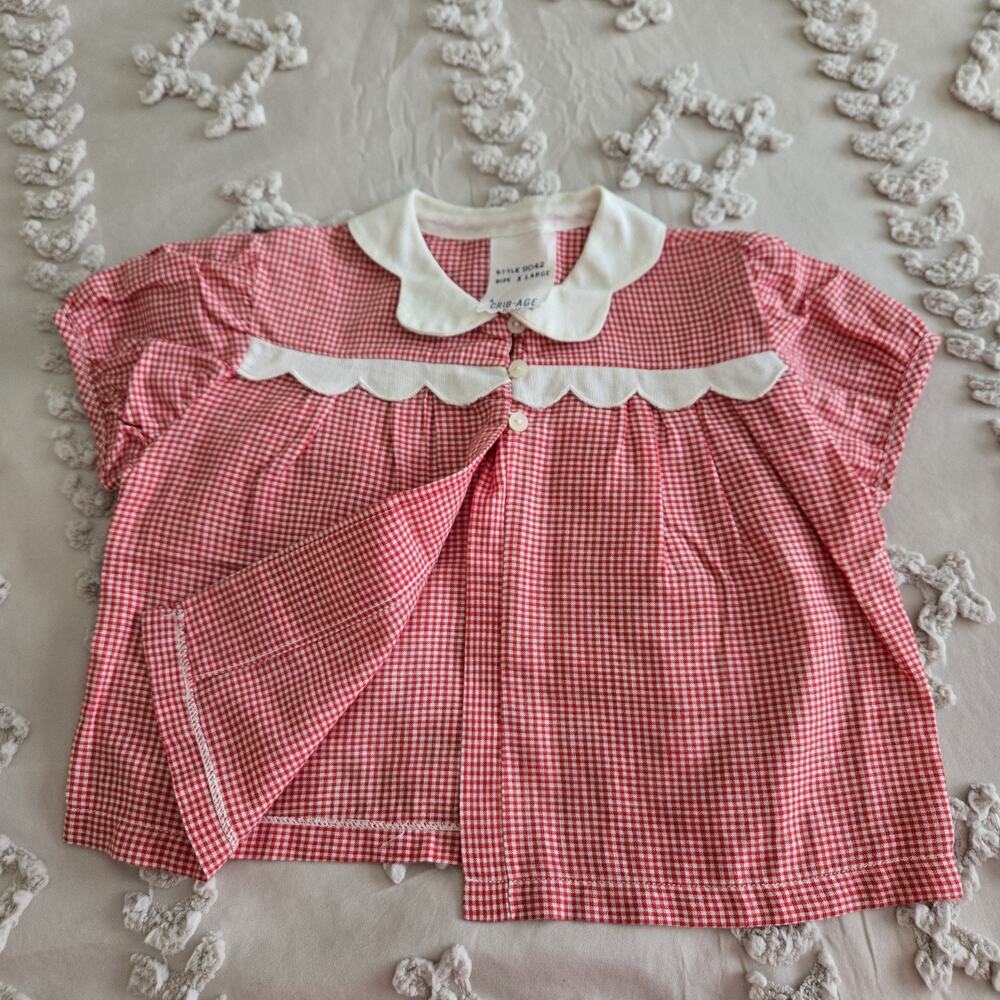 Vintage 70s Crib-Age Fashion 2 Pc Baby Outfit XL Red White Gingham Americana - Picture 4 of 11
